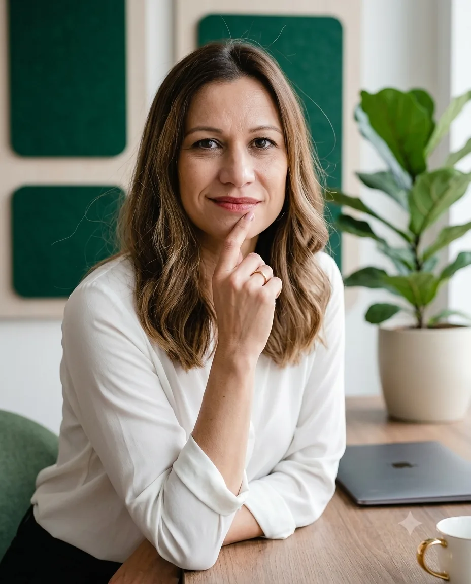 Maria Koch, Webdesignerin aus Hessen, sitzt am Schreibtisch, Hand am Kinn, und blickt freundlich in die Kamera
